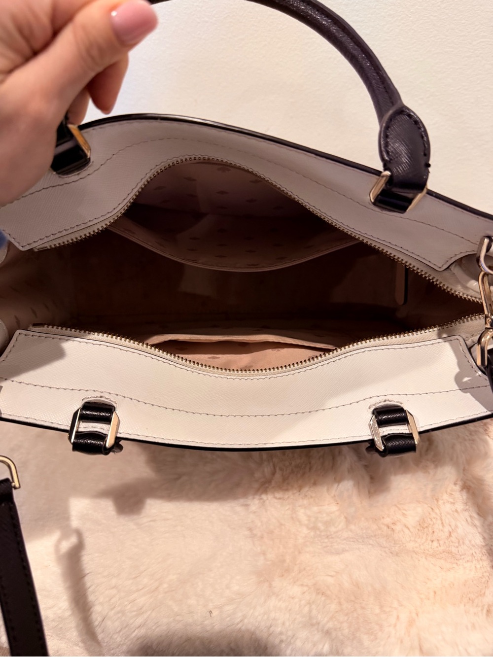 kate spade Beige, White & Black Leather Satchel with Top Handle - Picture 5 of 5